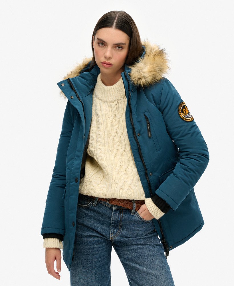 parka met capuchon van imitatiebont everest in oceaanblauw