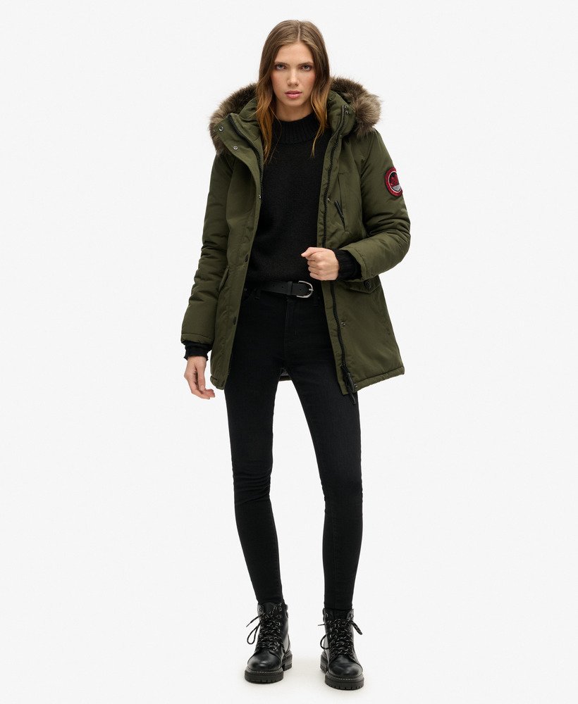 parka met capuchon van imitatiebont in legergroen everest