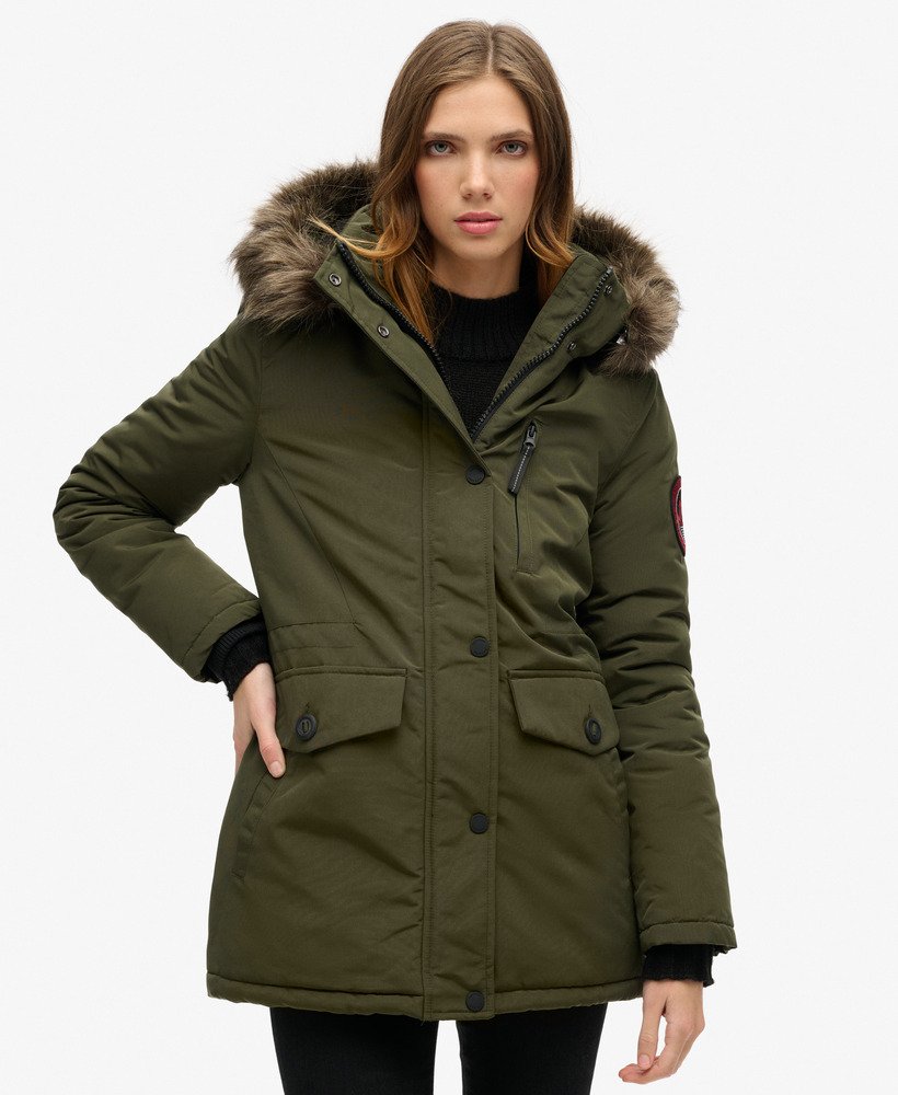 parka met capuchon van imitatiebont in legergroen everest