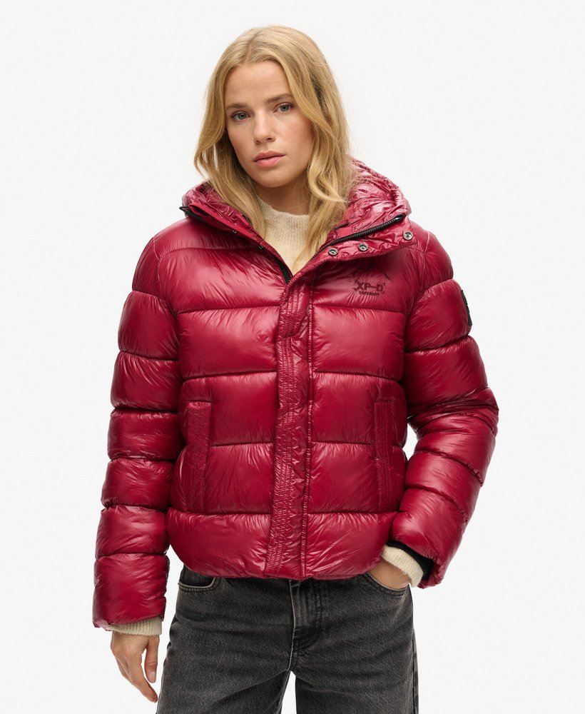 hooded shine sports puffer jacket in dark berry