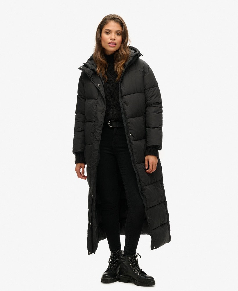maxi-pufferjas met capuchon in zwart