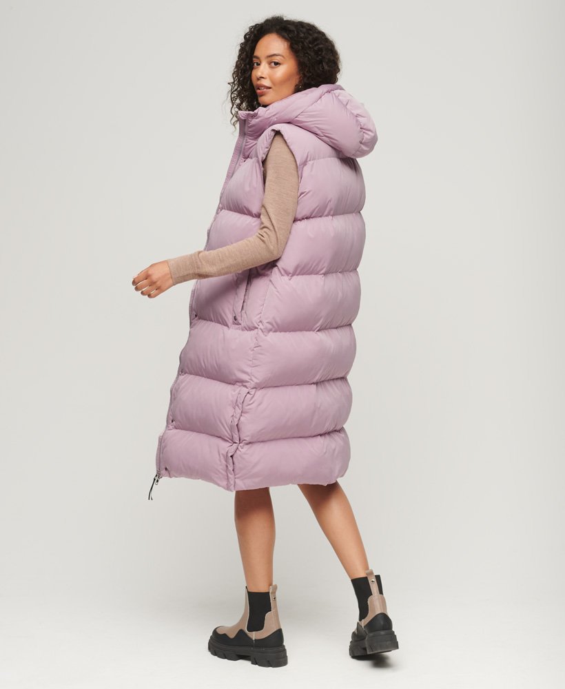 lange gewatteerde gilet met capuchon in mauve shadows pink