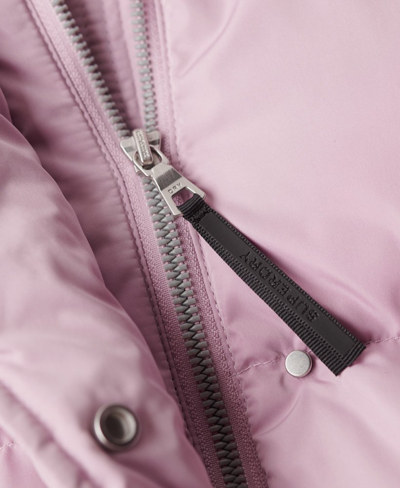 lange gewatteerde gilet met capuchon in mauve shadows pink