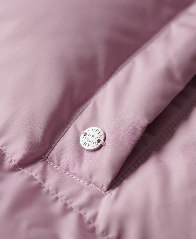 lange gewatteerde gilet met capuchon in mauve shadows pink