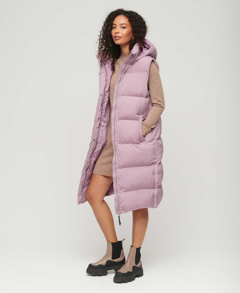 lange gewatteerde gilet met capuchon in mauve shadows pink