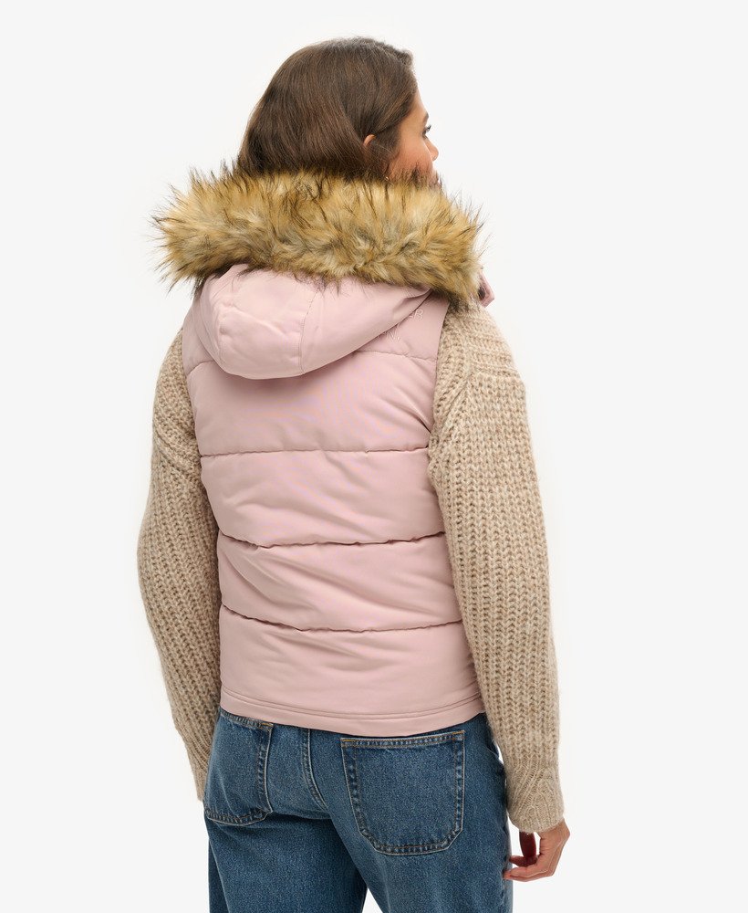 everest faux fur puffer gilet in pink blush