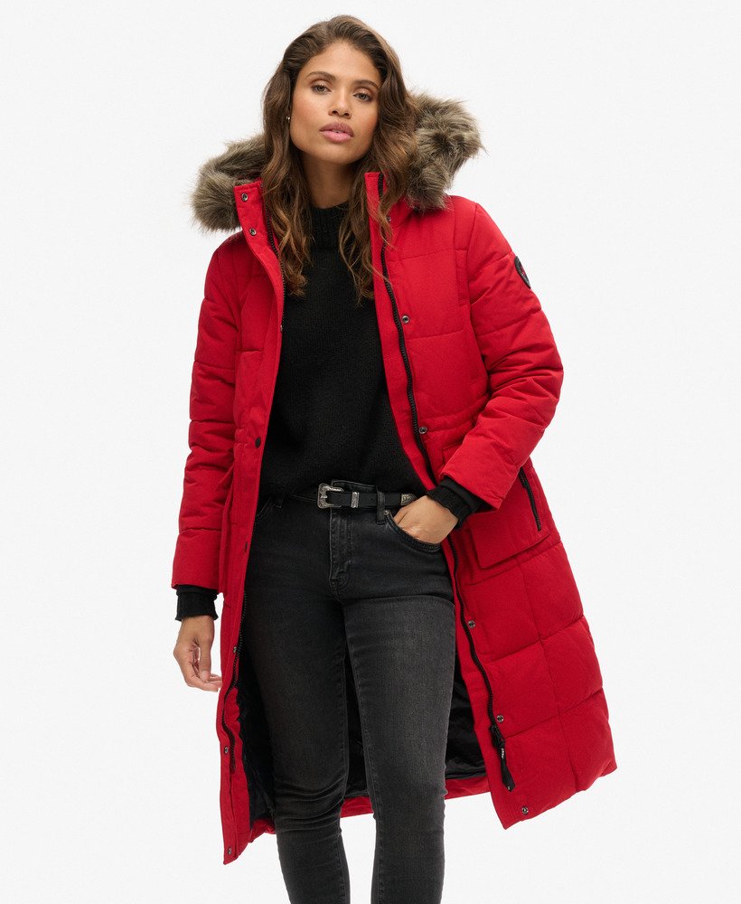 everest longline puffer coat in diep rood