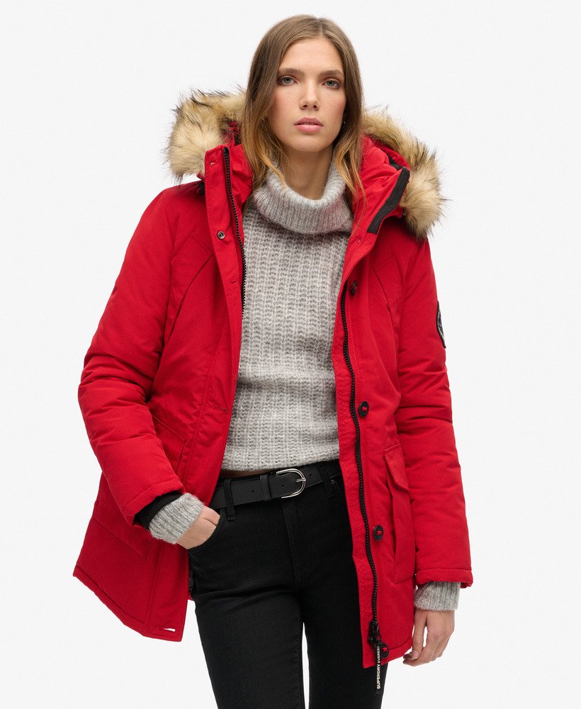 everest parka met capuchon van imitatiebont in dieprood