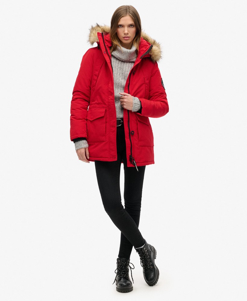 everest parka met capuchon van imitatiebont in dieprood