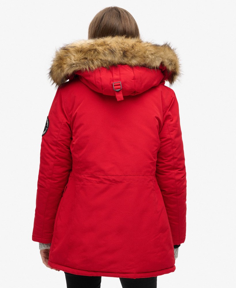 everest parka met capuchon van imitatiebont in dieprood