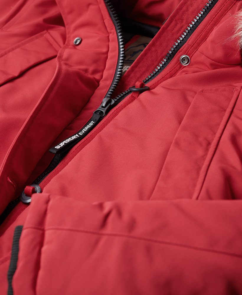 everest parka met capuchon van imitatiebont in dieprood
