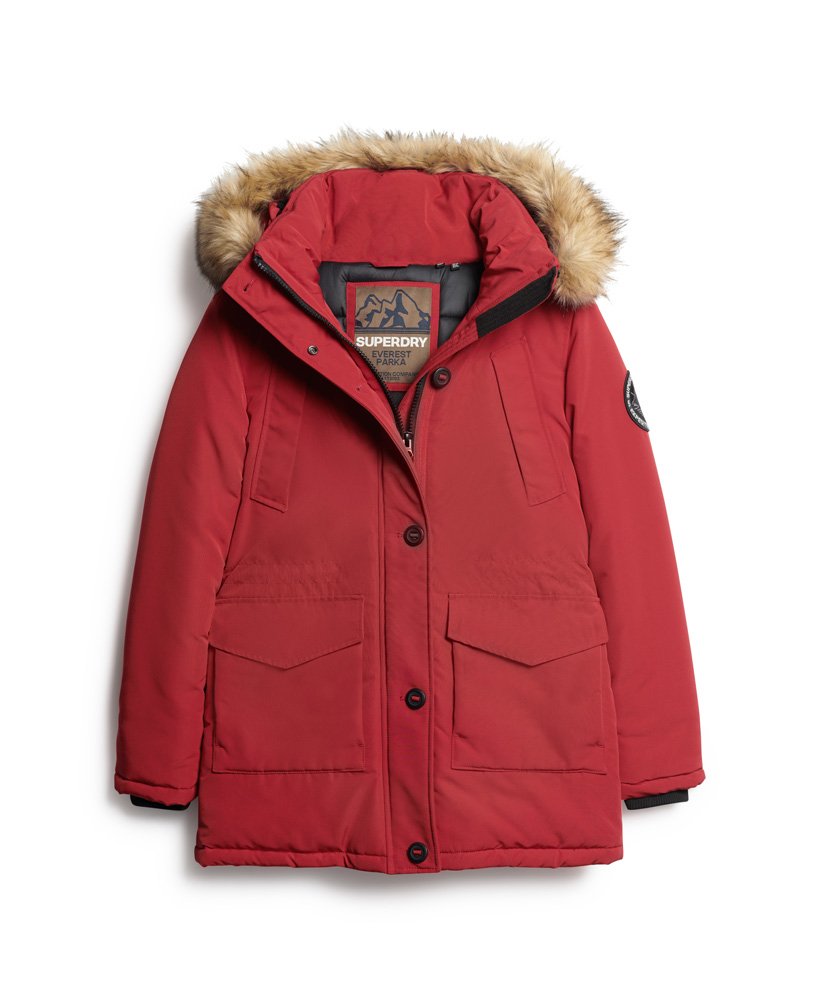 everest parka met capuchon van imitatiebont in dieprood
