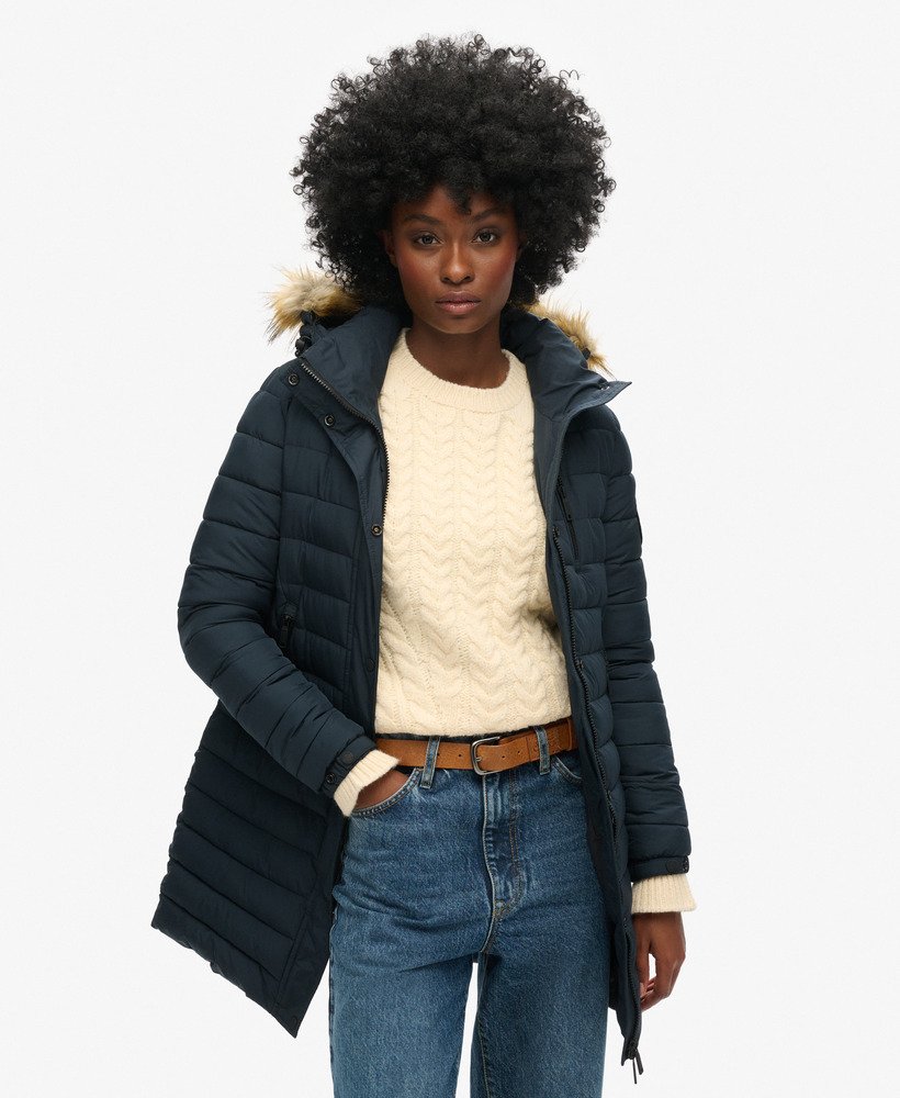 fuji hooded mid length puffer coat in nordic chrome navy