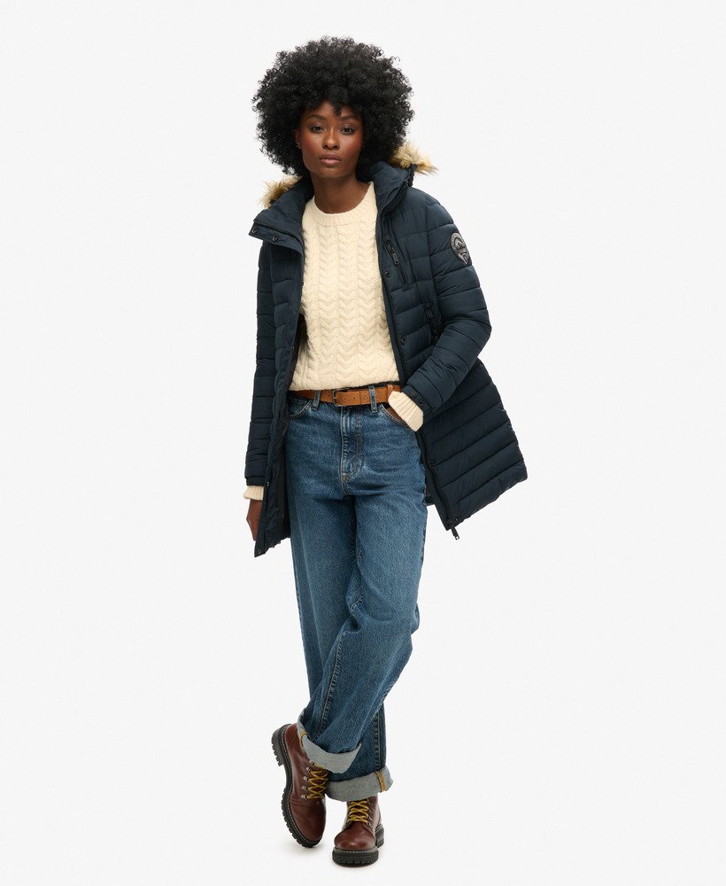 fuji hooded mid length puffer coat in nordic chrome navy