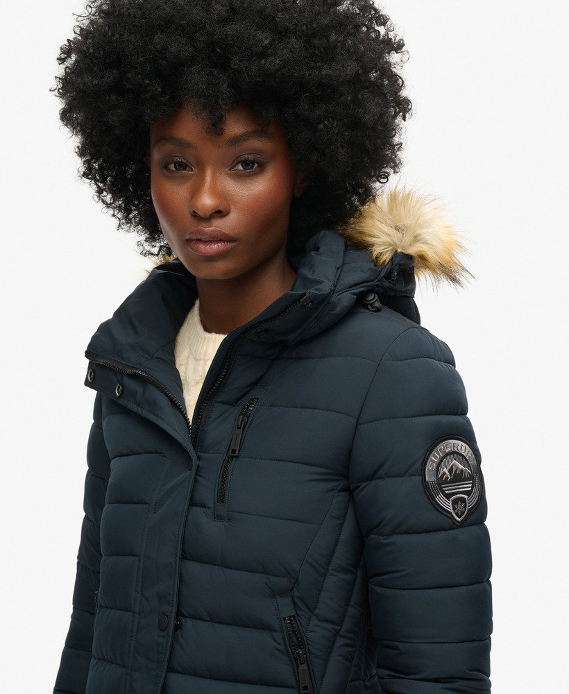 fuji hooded mid length puffer coat in nordic chrome navy