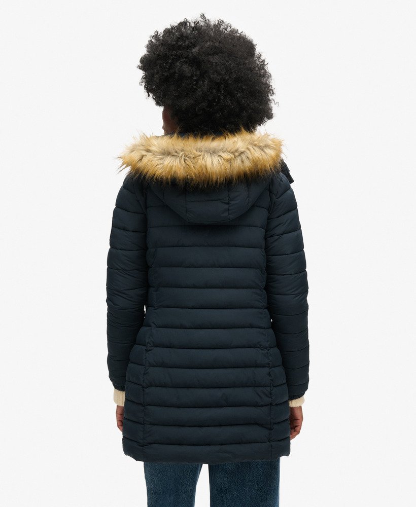 fuji hooded mid length puffer coat in nordic chrome navy
