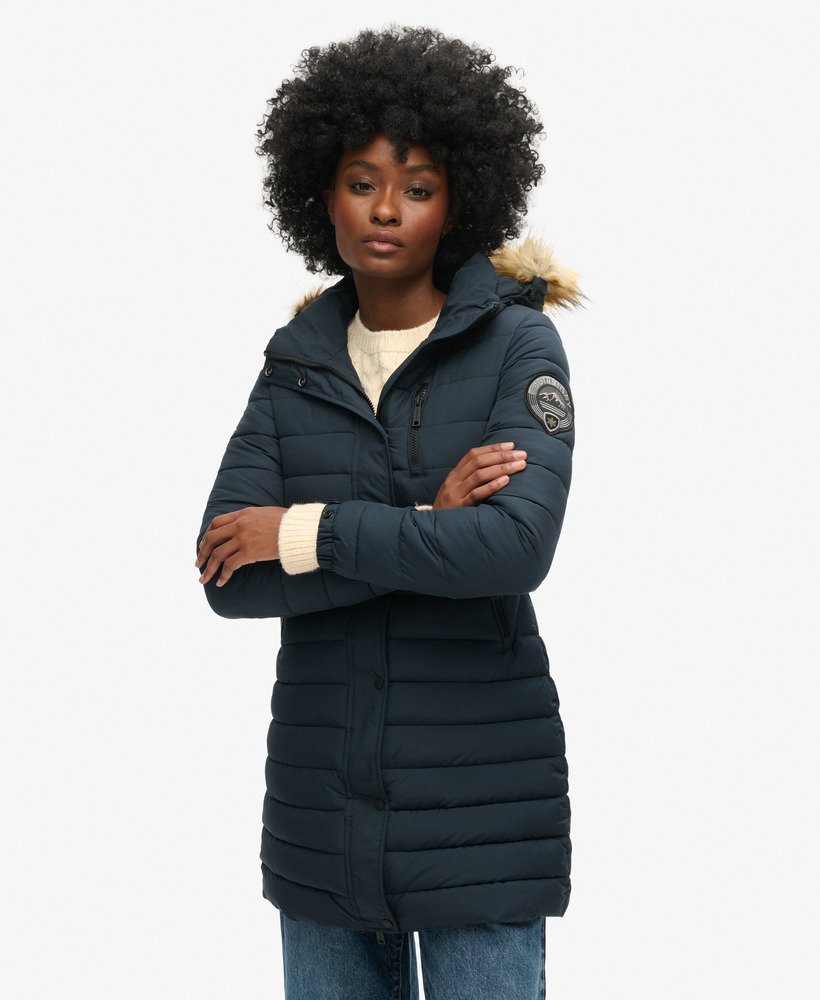 fuji hooded mid length puffer coat in nordic chrome navy