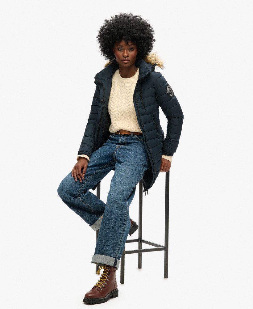 fuji hooded mid length puffer coat in nordic chrome navy