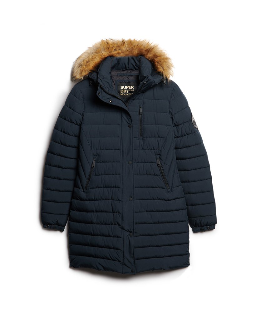 fuji hooded mid length puffer coat in nordic chrome navy