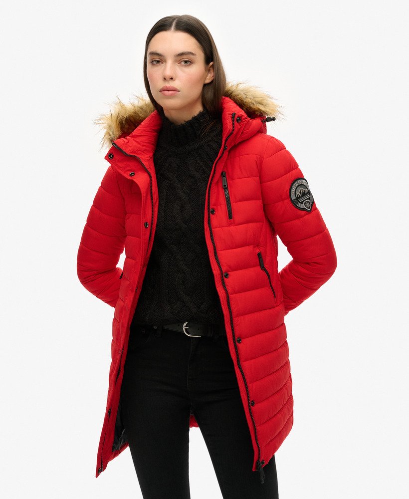 fuji hooded mid length puffer coat in varsity red