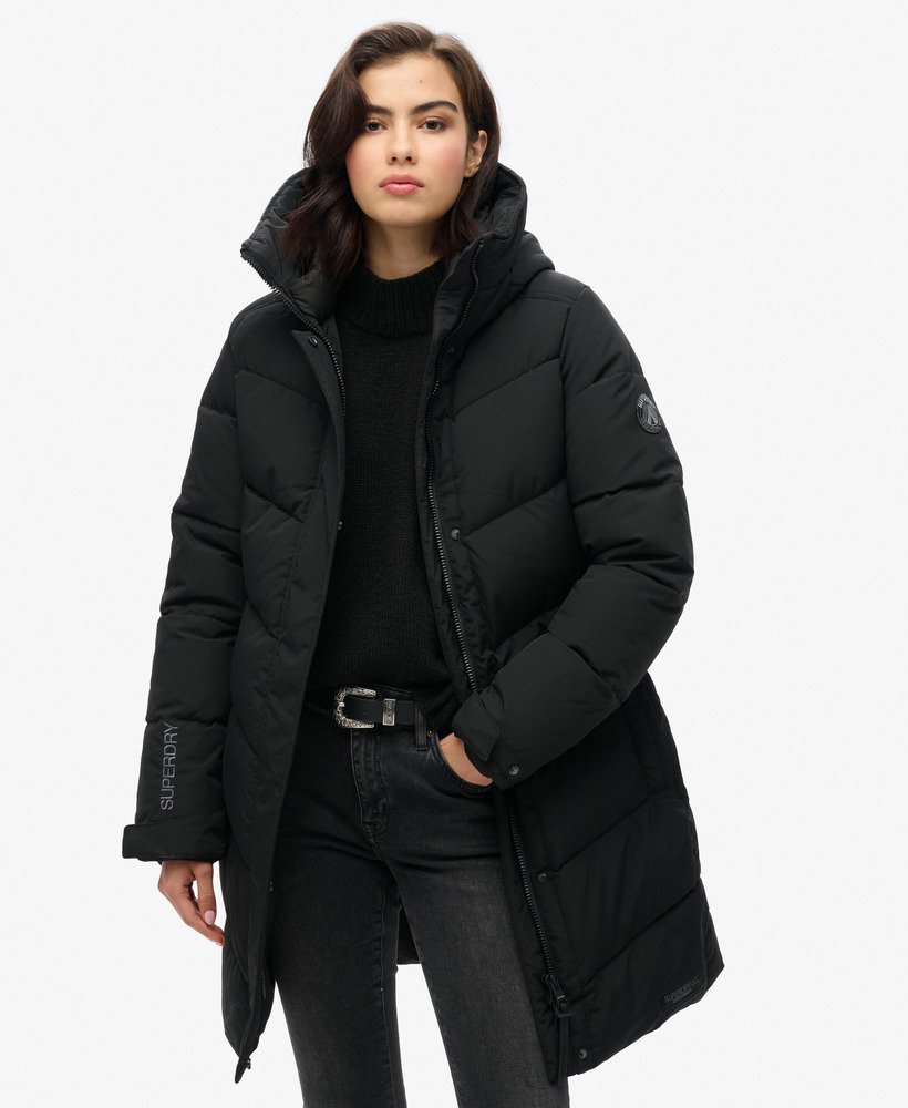 gewatteerde parka met city chevron-patroon in zwart