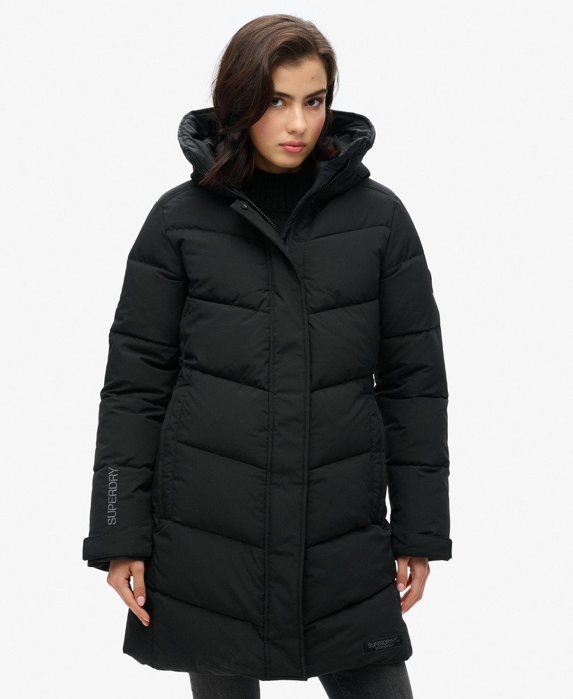 gewatteerde parka met city chevron-patroon in zwart