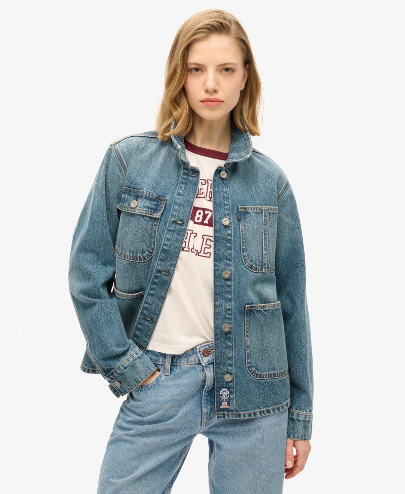geborduurd denim werkjack in fulton vintage blue
