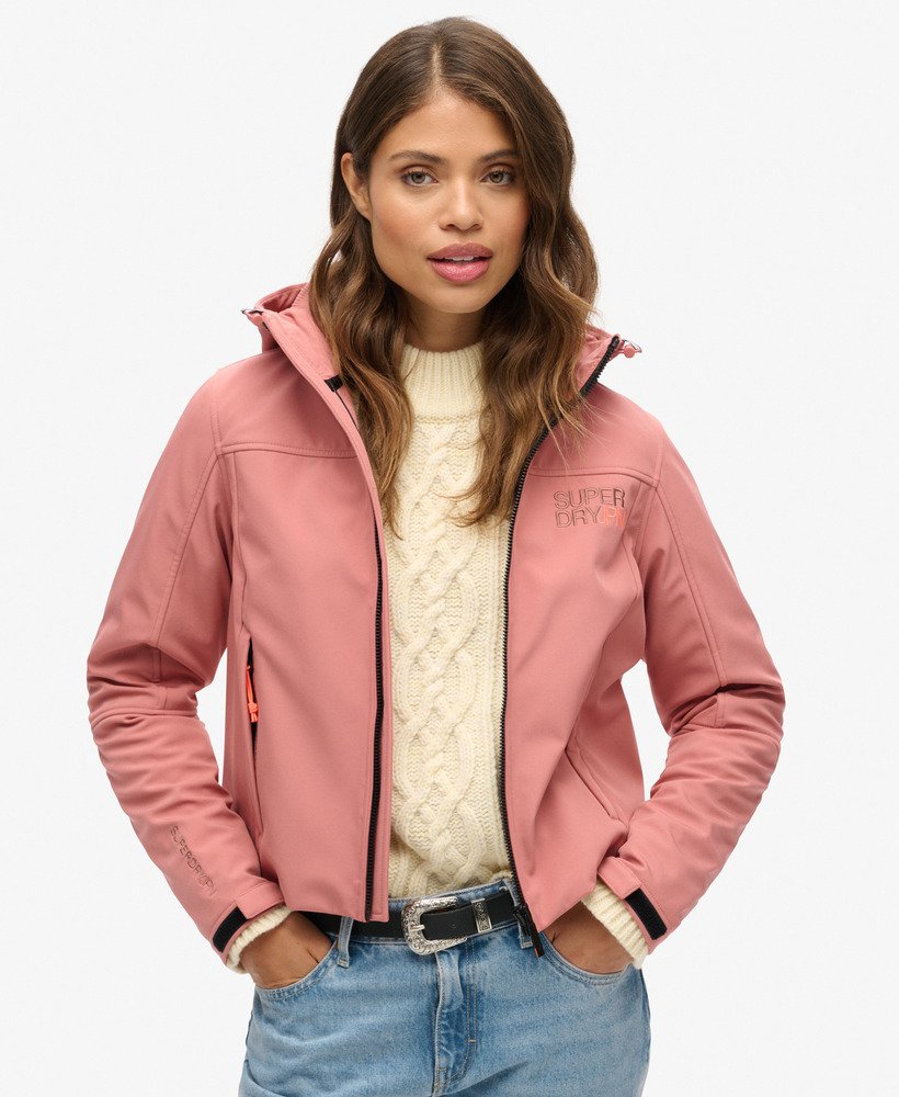 hooded soft shell trekker jacket in withered rose