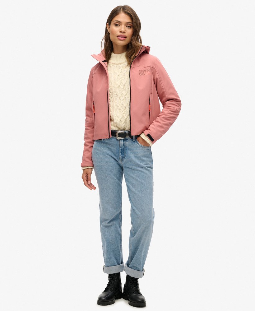 hooded soft shell trekker jacket in withered rose