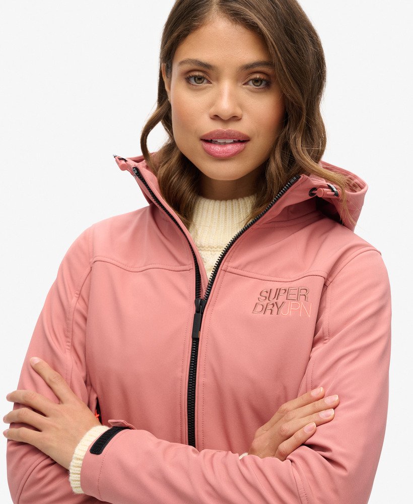 hooded soft shell trekker jacket in withered rose
