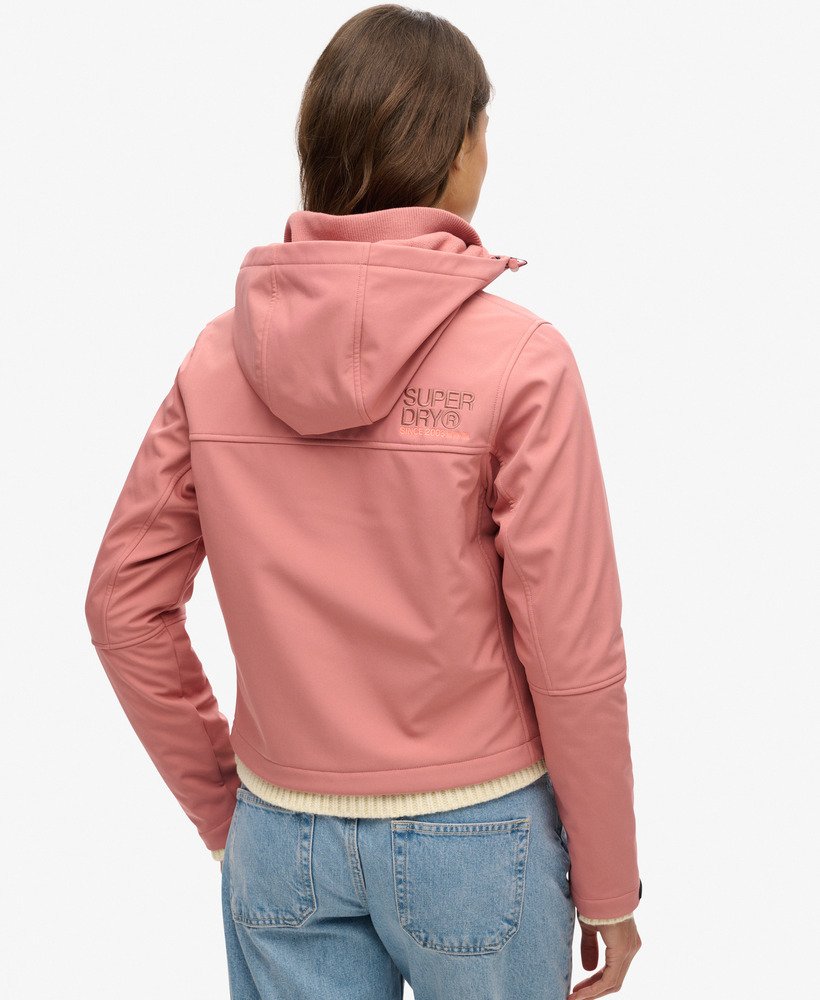 hooded soft shell trekker jacket in withered rose