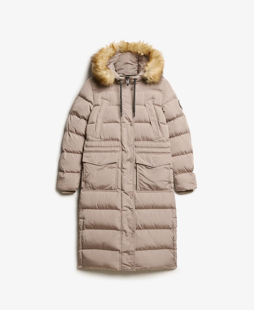 everest lange jas van imitatiebont in diep beige met een onregelmatige structuur.