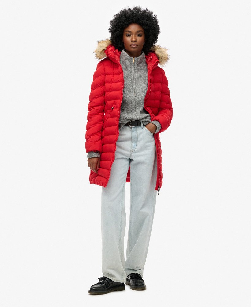 fuji faux fur hood mid length puffer coat in red