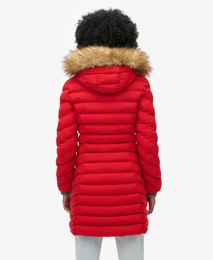 fuji faux fur hood mid length puffer coat in red