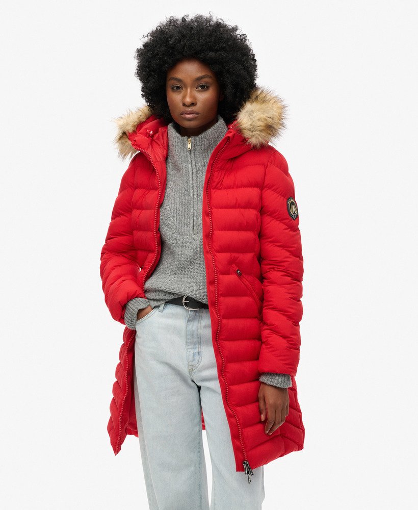 fuji faux fur hood mid length puffer coat in red