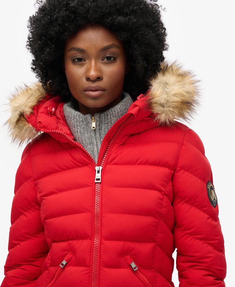 fuji faux fur hood mid length puffer coat in red
