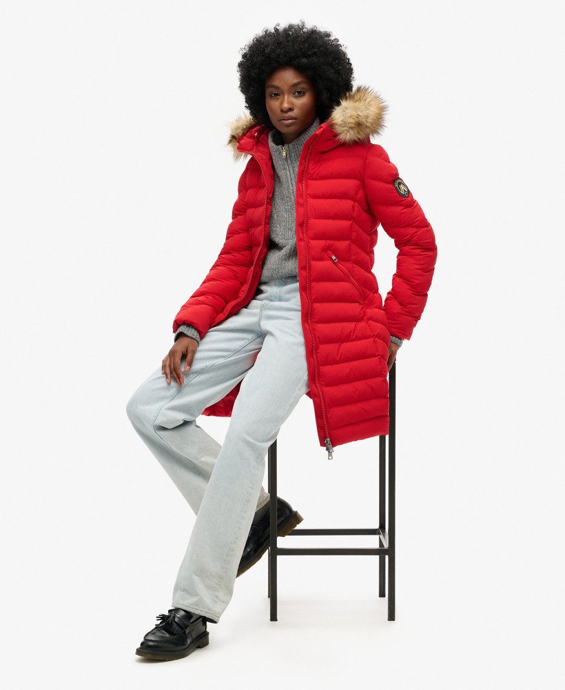 fuji faux fur hood mid length puffer coat in red
