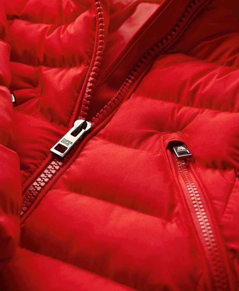 fuji faux fur hood mid length puffer coat in red