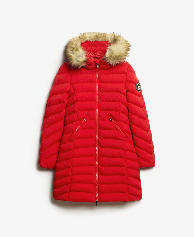 fuji faux fur hood mid length puffer coat in red
