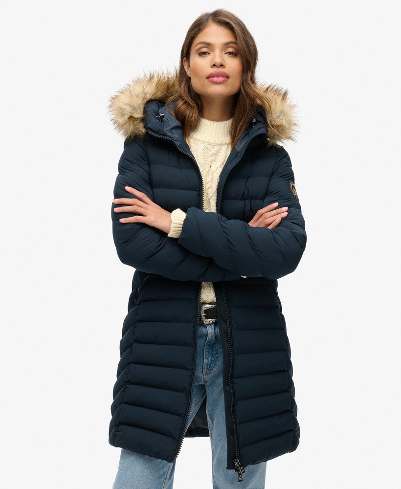 fuji faux fur hood mid length puffer coat in eclipse navy