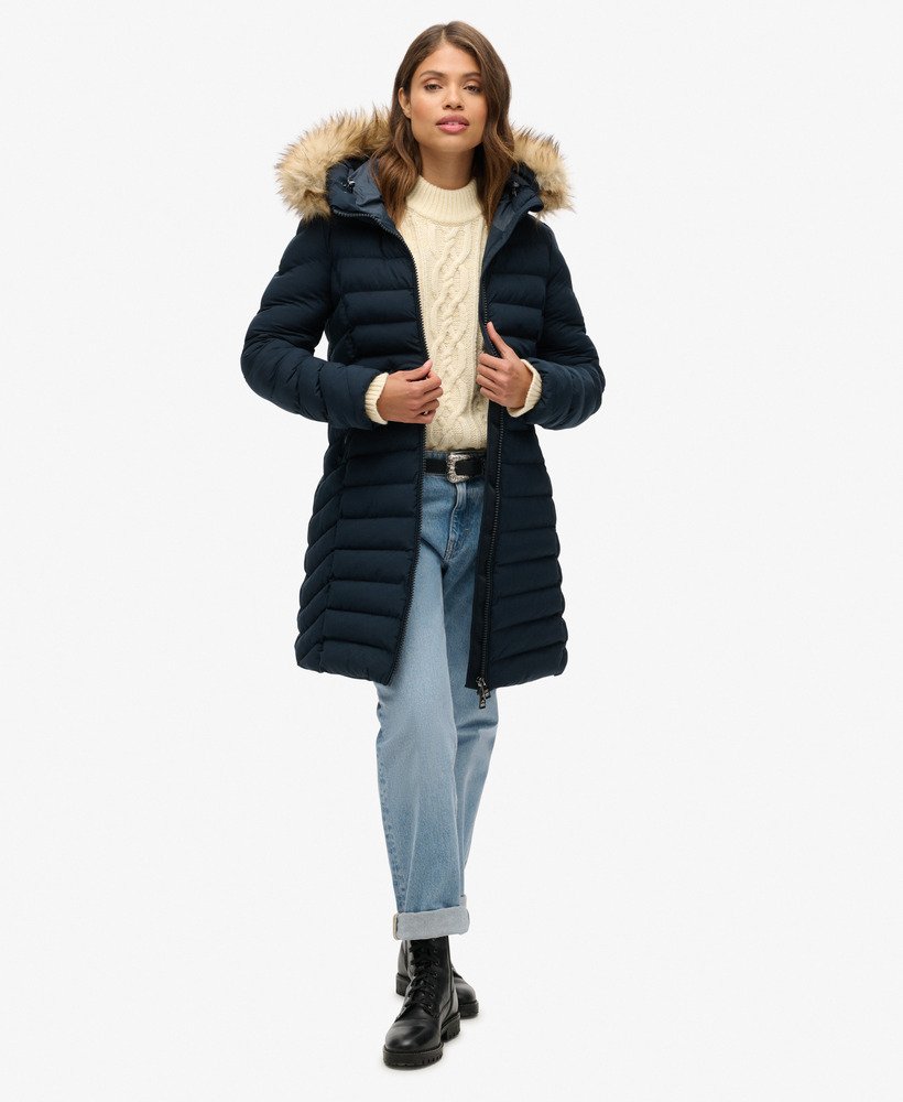 fuji faux fur hood mid length puffer coat in eclipse navy