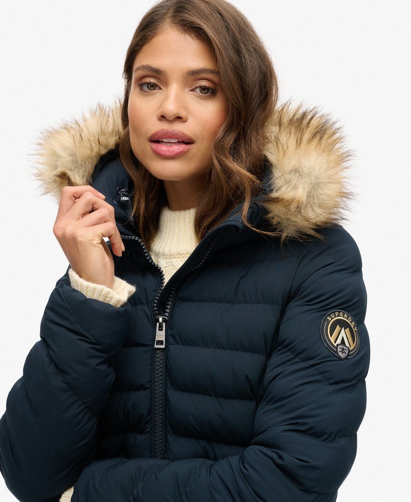 fuji faux fur hood mid length puffer coat in eclipse navy