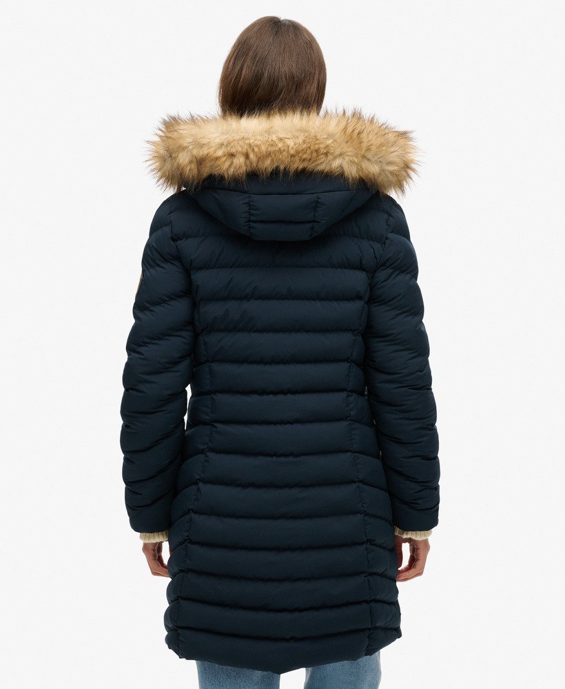 fuji faux fur hood mid length puffer coat in eclipse navy