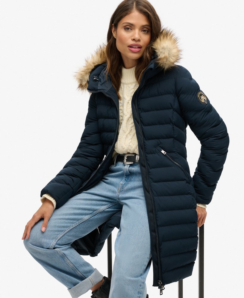 fuji faux fur hood mid length puffer coat in eclipse navy