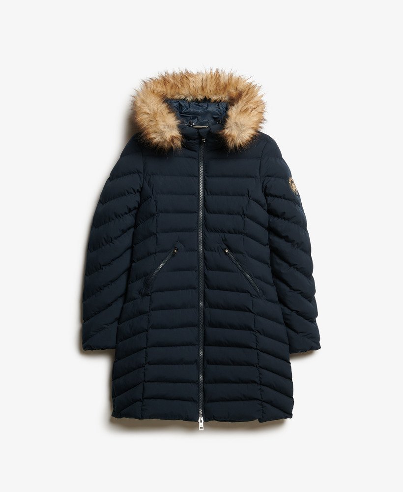 fuji faux fur hood mid length puffer coat in eclipse navy