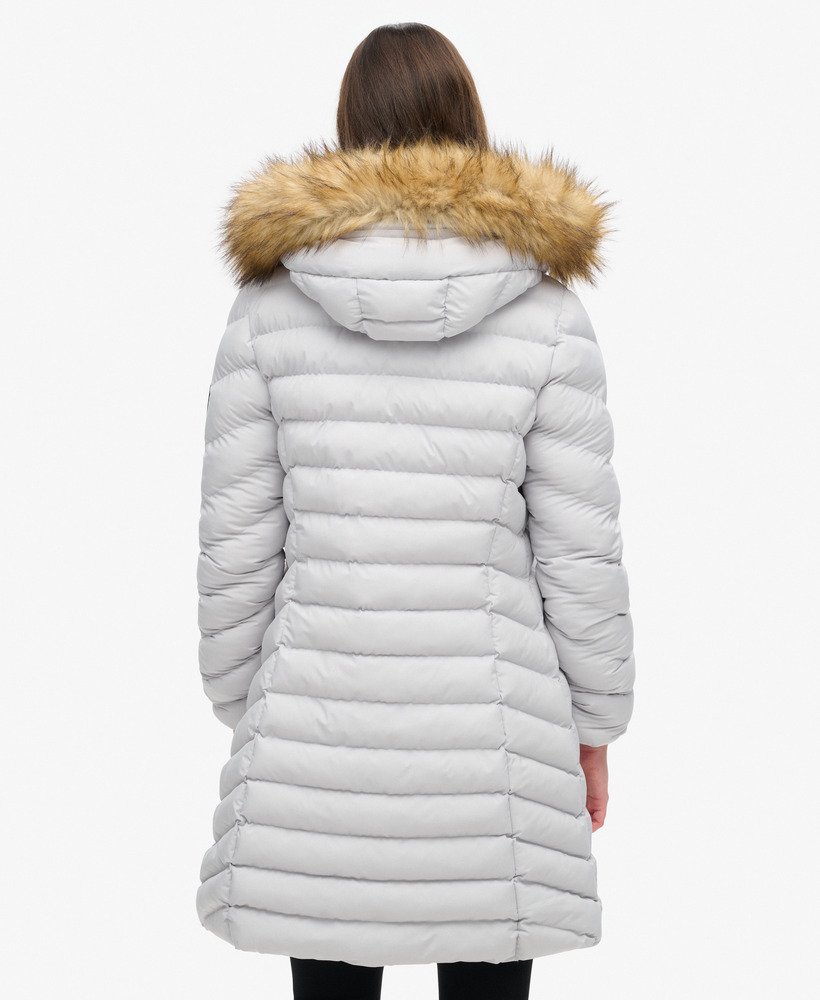 fuji faux fur hood mid length puffer coat in moonlight grey