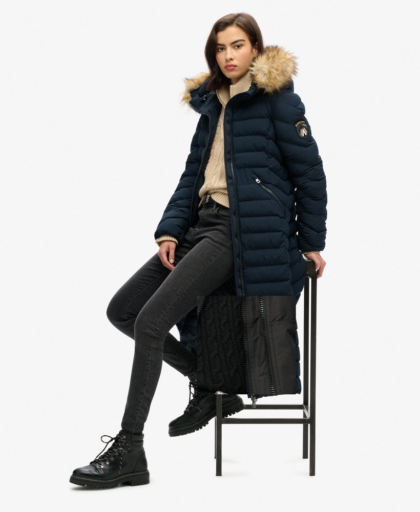 fuji faux fur hooded longline jacket in eclipse navy