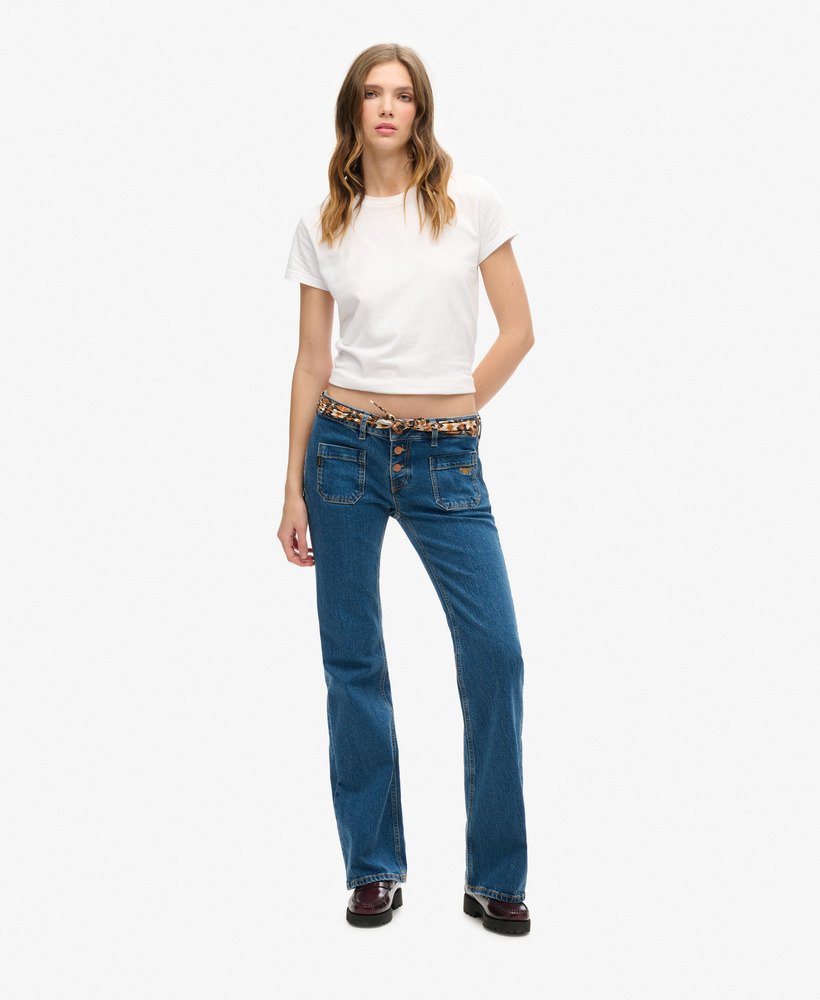 vintage jeans van biologisch katoen met lage taille slim fit en flared pijpen in van dyke-kleur middelhoog model.