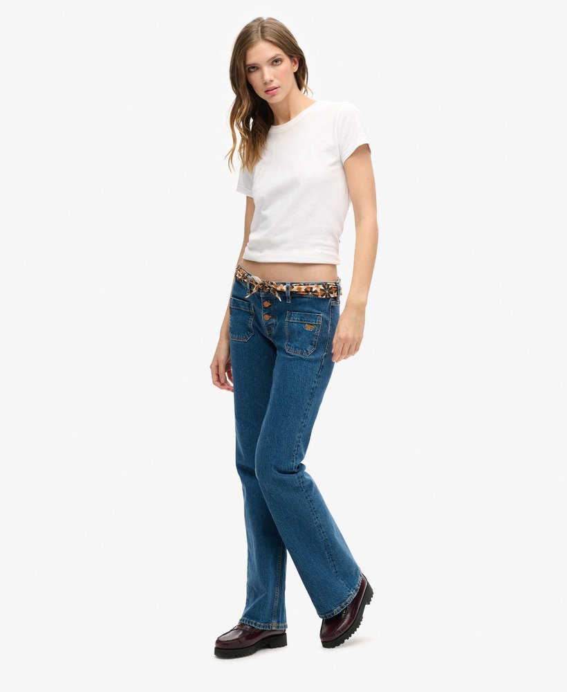 vintage jeans van biologisch katoen met lage taille slim fit en flared pijpen in van dyke-kleur middelhoog model.