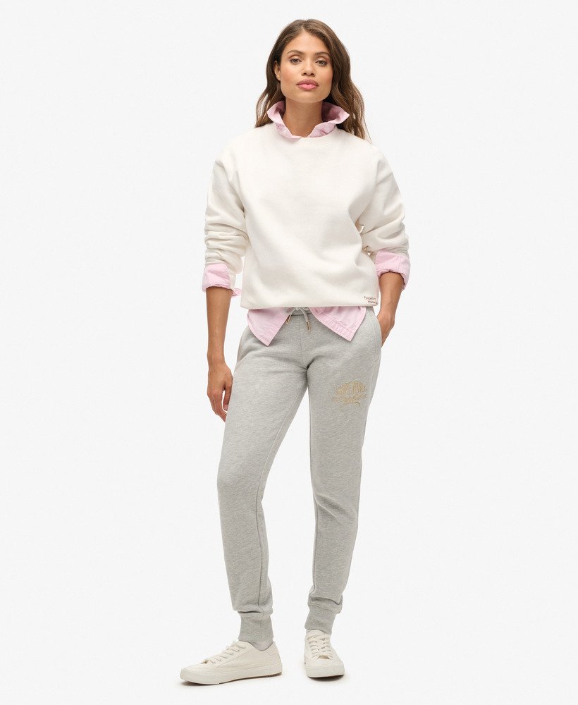 luxe slim joggers met metallic logo in pumice stone beige marl